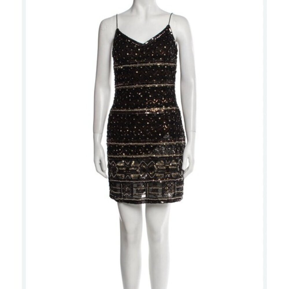 THEIA Sleeveless Embellished Beaded Cocktail Mini Dress Size 2 Black Brown